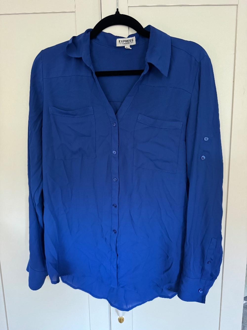 Express Portofino Shirt L Cobalt Blue Button Down Blouse